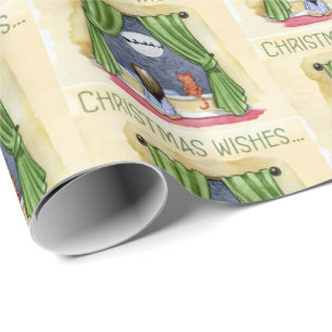 Christmas Wishes Cute Child & Kitty Cat Xmas Wrapping Paper