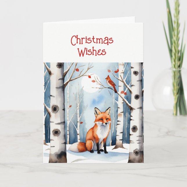 Christmas Wishes Cute Fox Cardinal Bird Winter Holiday Card (Front)