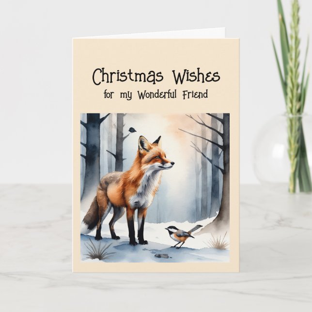 Christmas Wishes Cute Fox Chickadee Bird Winter  Holiday Card (Front)
