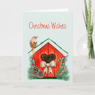 Christmas Wishes Cute Garden Bird Birdhouse Holiday Card