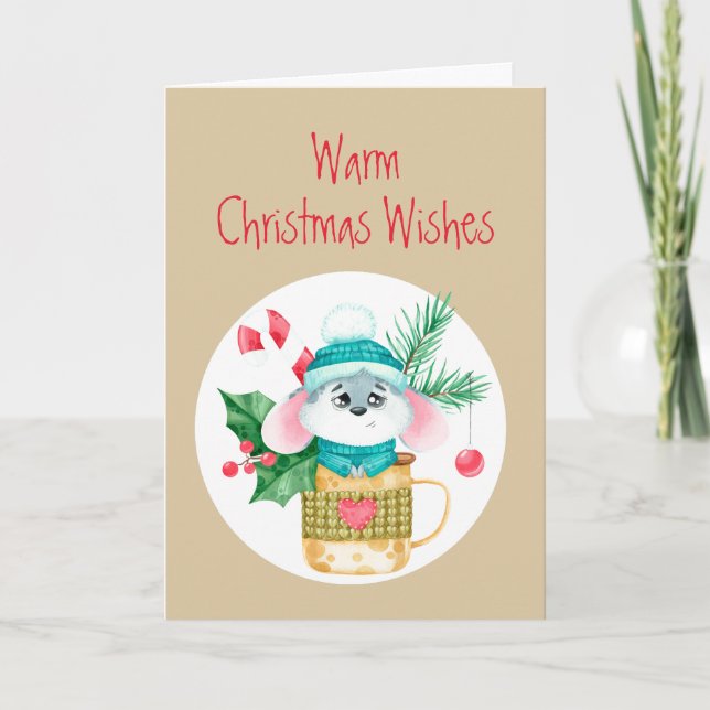 Christmas Wishes Cute Little Mouse in a Mug Holiday Card (Front)