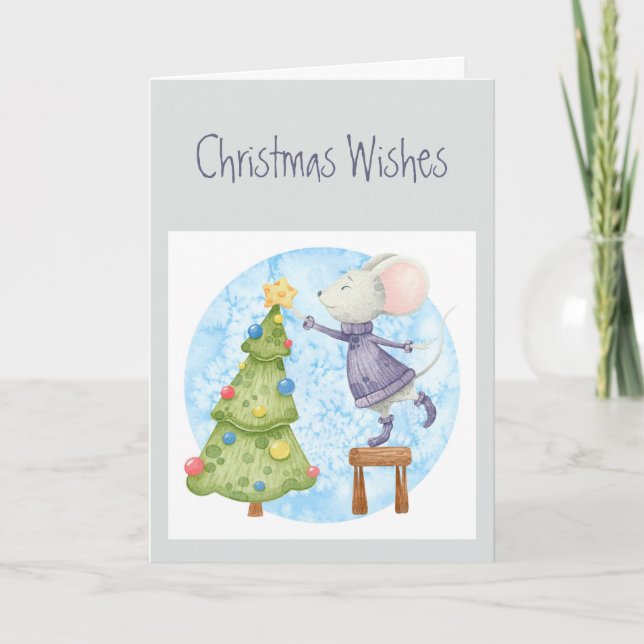 Christmas Wishes Cute Mouse Decoration Tree Holida Holiday Card (Front)