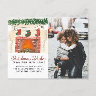 Christmas Wishes Fireplace Photo Holiday Moving Announcement Postcard