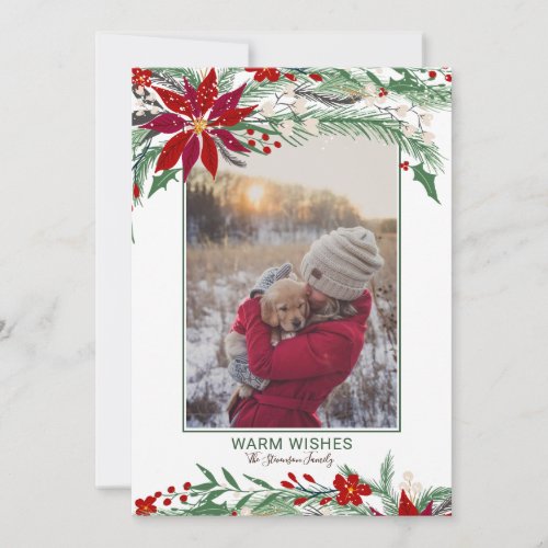 Christmas wishes floral wreath snow photo holiday card