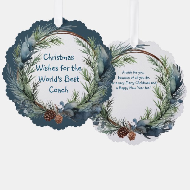 Christmas Wishes Greenery Wreath Coach Ornament Card (Front/Back)