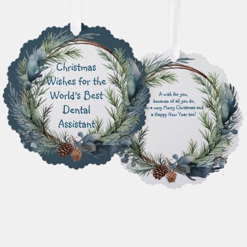 Christmas Wishes Greenery Wreath Dental Assistant Ornament Card