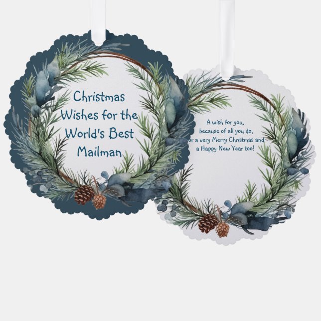Christmas Wishes Greenery Wreath Mailman Ornament Card (Front/Back)