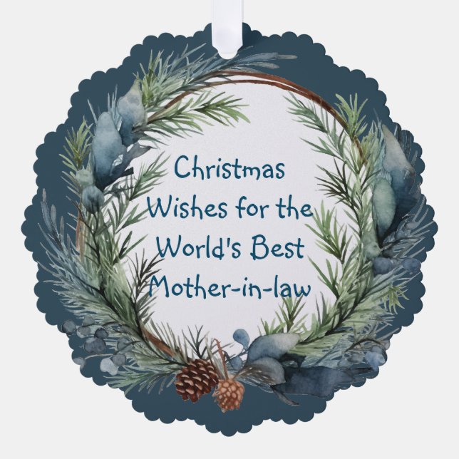 Christmas Wishes Greenery Wreath Mother-in-law Ornament Card (Front)