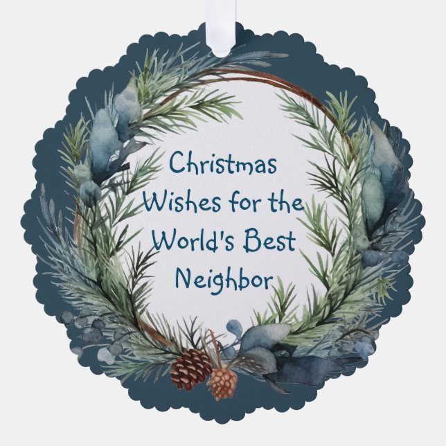 Christmas Wishes Greenery Wreath Neighbor Ornament Card (Front)