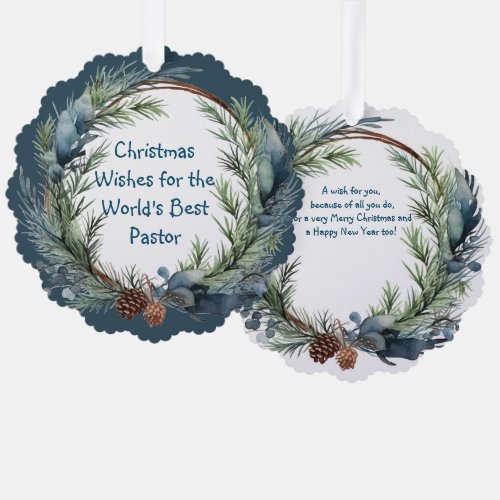 Christmas Wishes Greenery Wreath Pastor Ornament Card