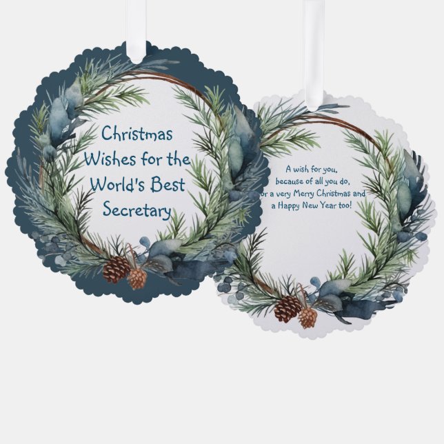 Christmas Wishes Greenery Wreath Secretary Ornament Card (Front/Back)