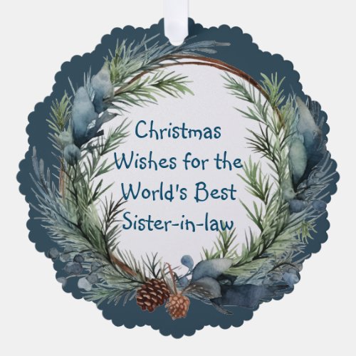 Christmas Wishes Greenery Wreath Sister_in_law Ornament Card