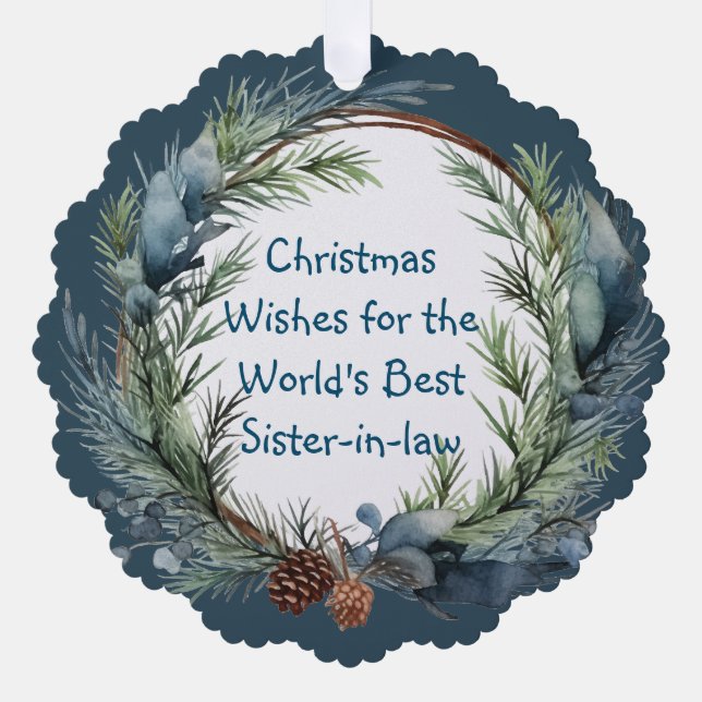 Christmas Wishes Greenery Wreath Sister-in-law Ornament Card (Front)