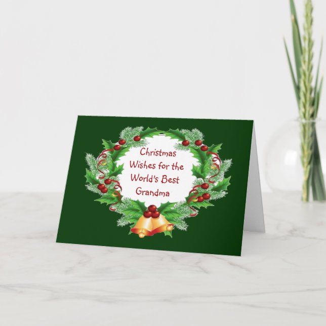 Christmas Wishes Holly Berry Wreath for Grandma Holiday Card (Front)