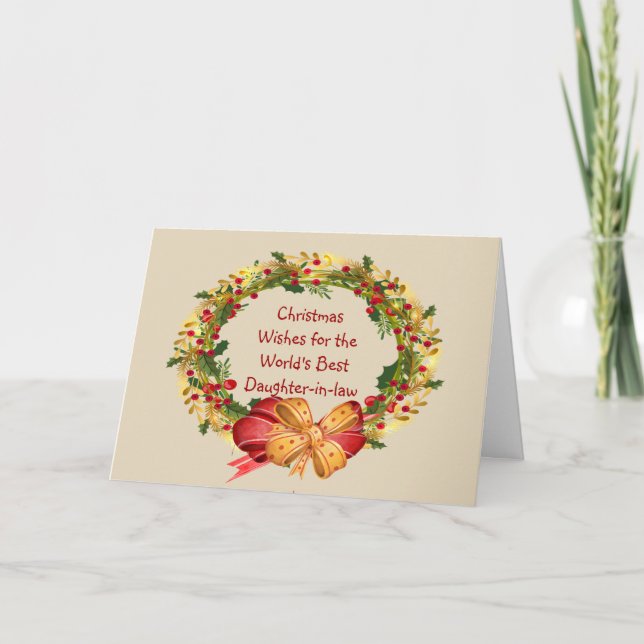 Christmas Wishes Holly Wreath Daughter-in-law Holiday Card (Front)