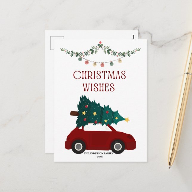 Christmas Wishes Red car and tree Holiday Postcard (Front/Back In Situ)