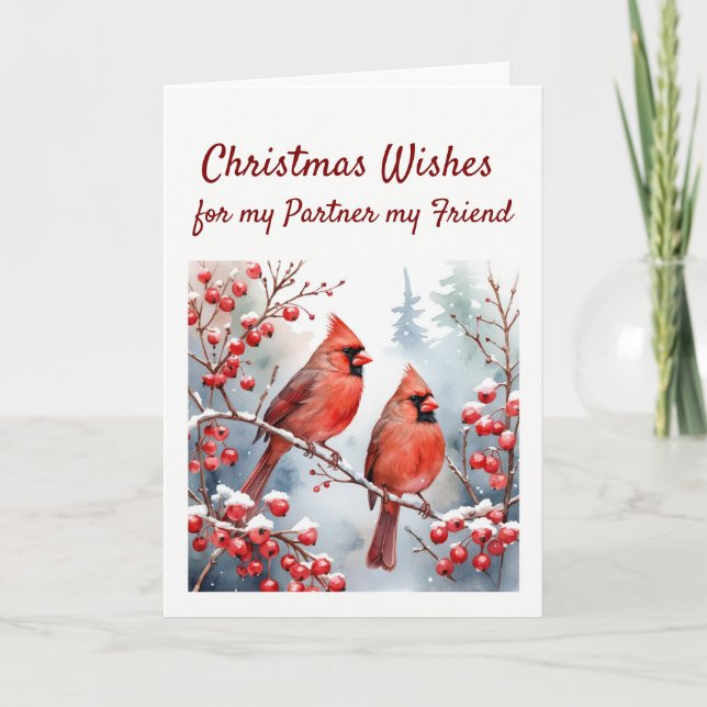 Christmas Wishes Red Cardinal Bird Partner Friend  Holiday Card (Front)