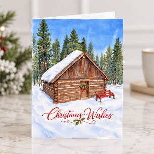 Christmas Wishes Snowy Winter Cabin Holiday Card