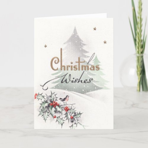 Christmas Wishes Tree Bird Holly Star Vintage  Holiday Card