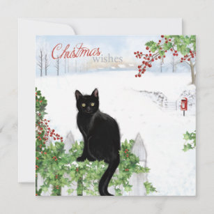 Christmas Wishes Vintage Black Cat Winter Scene Holiday Card