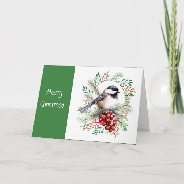 Christmas Wishes Watercolor Chickadee Bird  Holiday Card (Front)