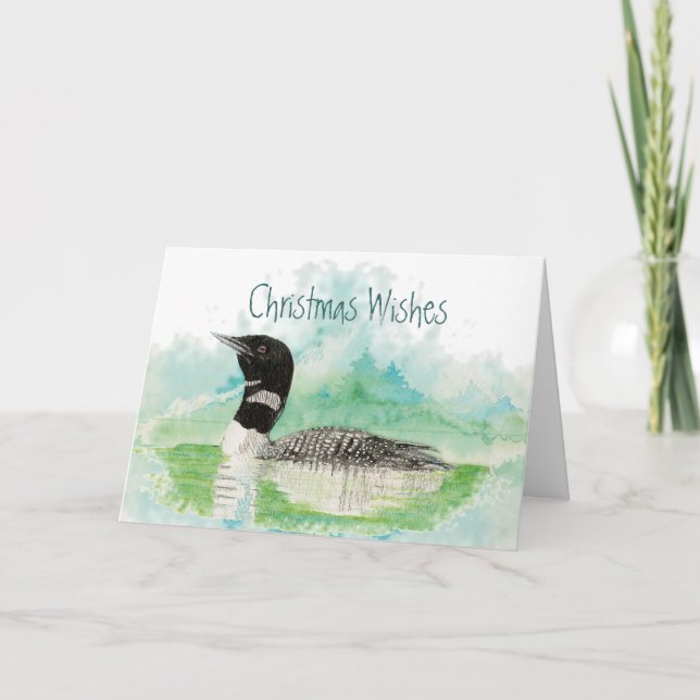 Christmas Wishes with Watercolor Loon Bird Holiday Card (Front)