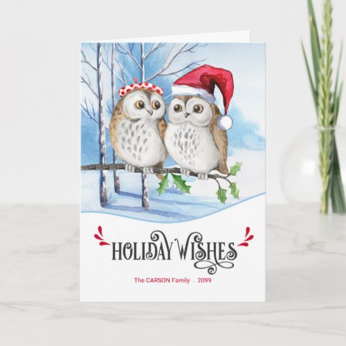 Christmas Wishes Woodland Owls with Name Holiday Card