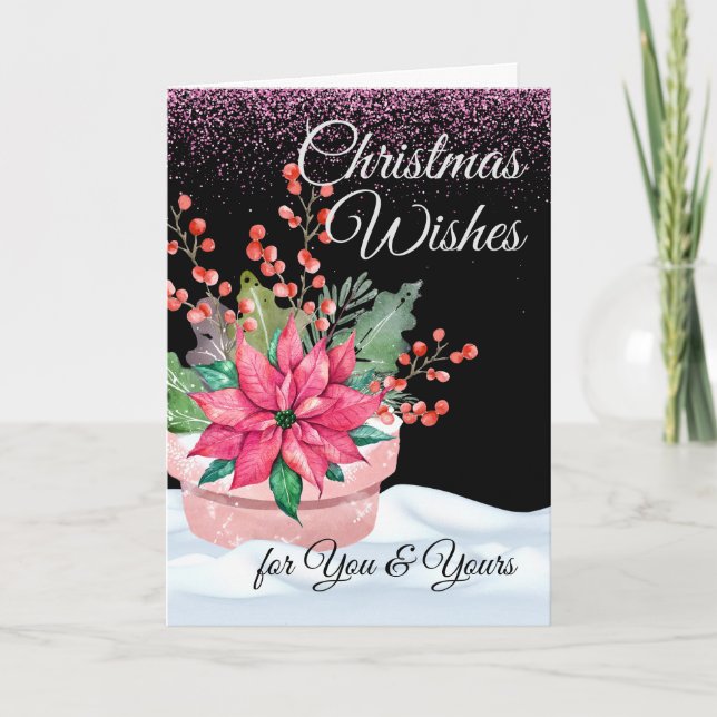 Christmas Wishes You and Yours in Pink and Green  Card (Front)