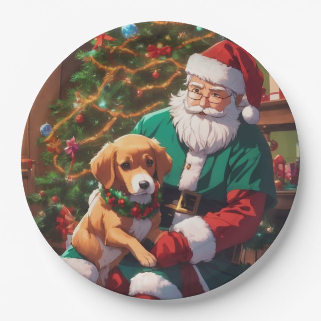 Christmas with a happy dog paper plates (Front)