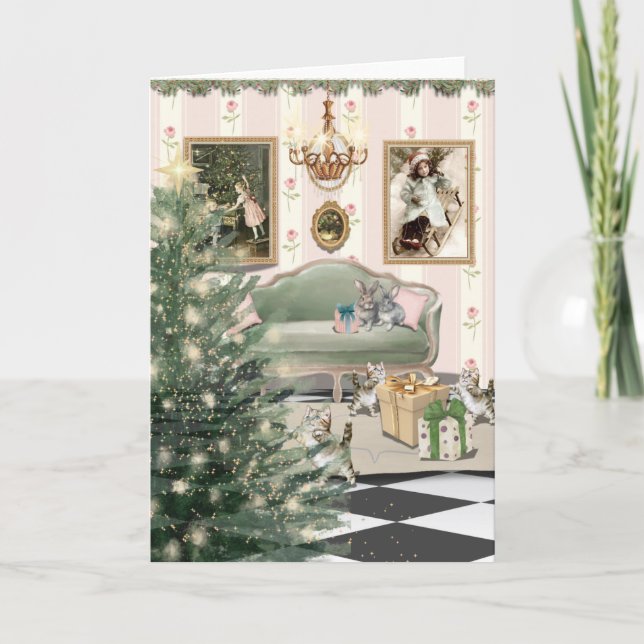 Christmas with Cats and Bunnies Greeting Card (Front)