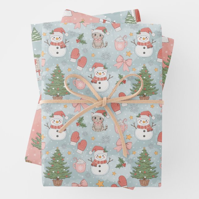 Christmas with Cats Snowmen Cookies & Milk 3 Wrapping Paper Sheets (In situ)