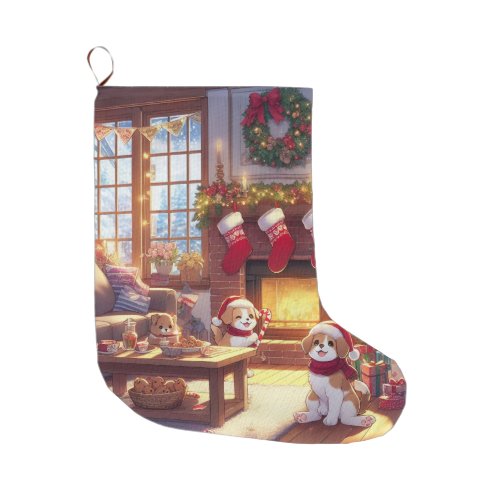 Christmas with dogs anime large christmas stocking