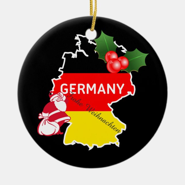 Christmas With German Map,Flag, and Santa Ceramic Ornament (Front)