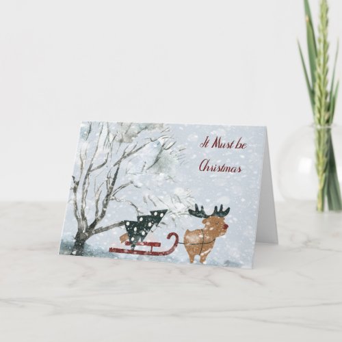 Christmas with Moose Pulling Christmas Tree Card