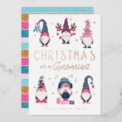 Christmas With My Gnomies Funny Gnomes Characters Foil Holiday Card