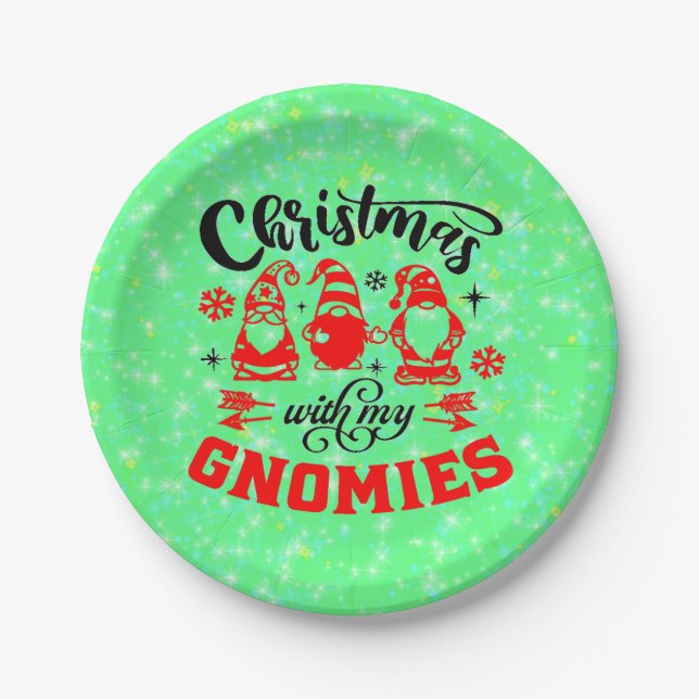 Christmas with my Gnomies - Funny Red Green7" Paper Plates (Front)