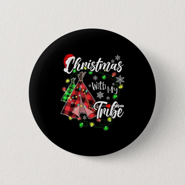 Christmas With My Tribe Family Plaid Pajamas Xmas  Button (Front)