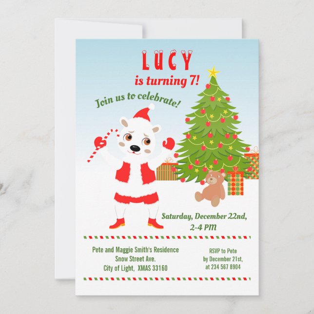 Christmas with Polar Bear Birthday Party  Invitation (Front)