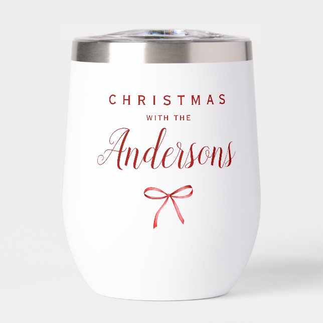 Christmas with the family - red ribbon thermal wine tumbler (Front)