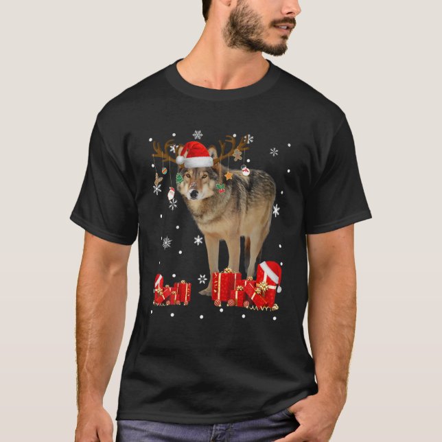 Christmas Wolf Funny Santa Reindeer Wolf Lover Gif T-Shirt (Front)