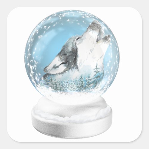 Christmas Wolf In Winter Snow Globe Square Sticker