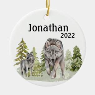 Christmas Wolf Lover Watercolor Monogram Ceramic Ornament