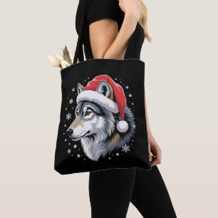 Christmas Wolf Santa Hat Snowflakes Winter Xmas Tote Bag
