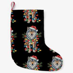 Christmas Wolf Santa Hat Xmas Lights Animal Lovers Small Christmas Stocking