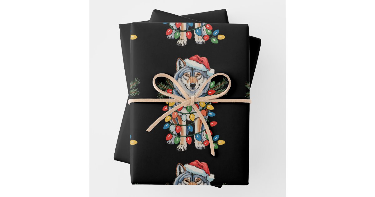 Christmas Wolf Santa Hat Xmas Lights Animal Lovers Wrapping Paper ...