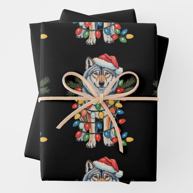 Christmas Wolf Santa Hat Xmas Lights Animal Lovers Wrapping Paper Sheets (In situ)