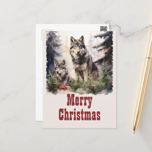 Christmas Wolf Watercolor Postcard
