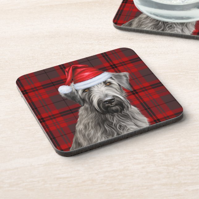 Christmas Wolfhound Dog Red Plaid Holiday Beverage Coaster (Left Side)