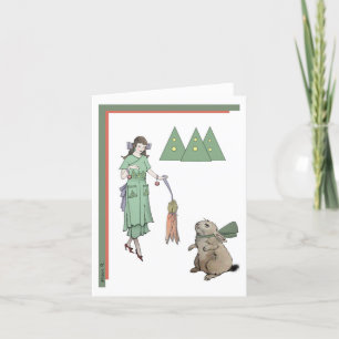 Christmas Woman and Rabbit Holiday Card