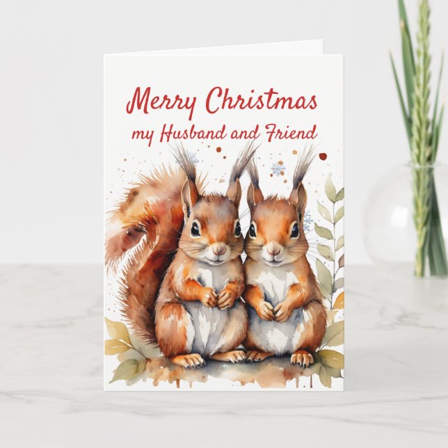 Christmas Wonderful Husband Friend Cute Squirrels  Holiday Card (Front)